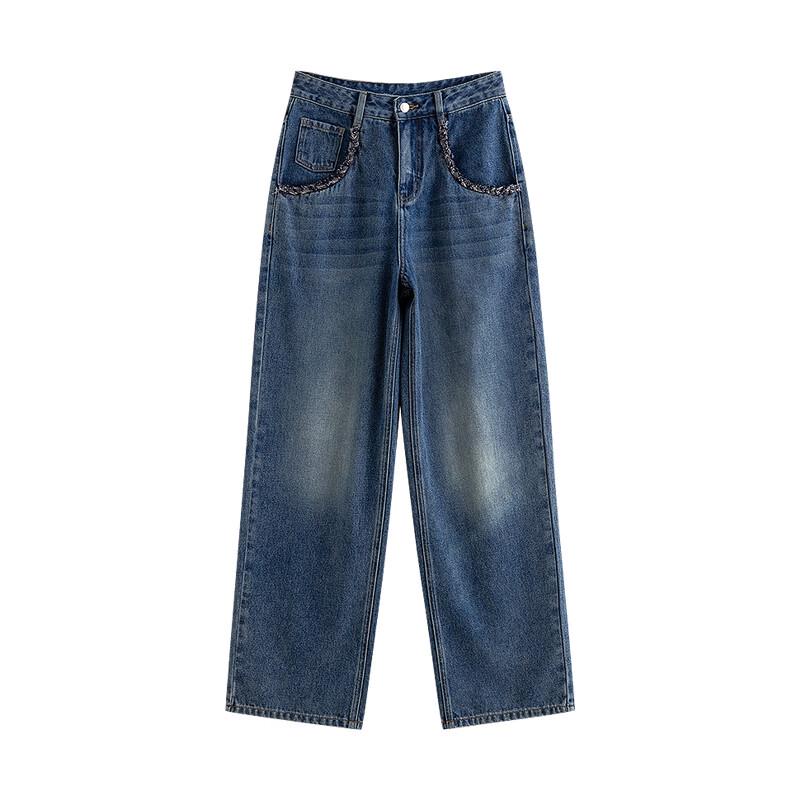 Chuyu Woven Trim Straight Wide-Leg Jeans for Women