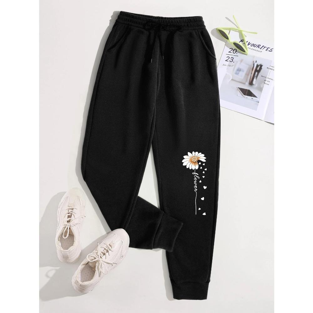 Creative Love Flower Print Women Elastic Waist Pants Jogger Fleece Drawstring Long Pant Fashion Sports Sweatpants