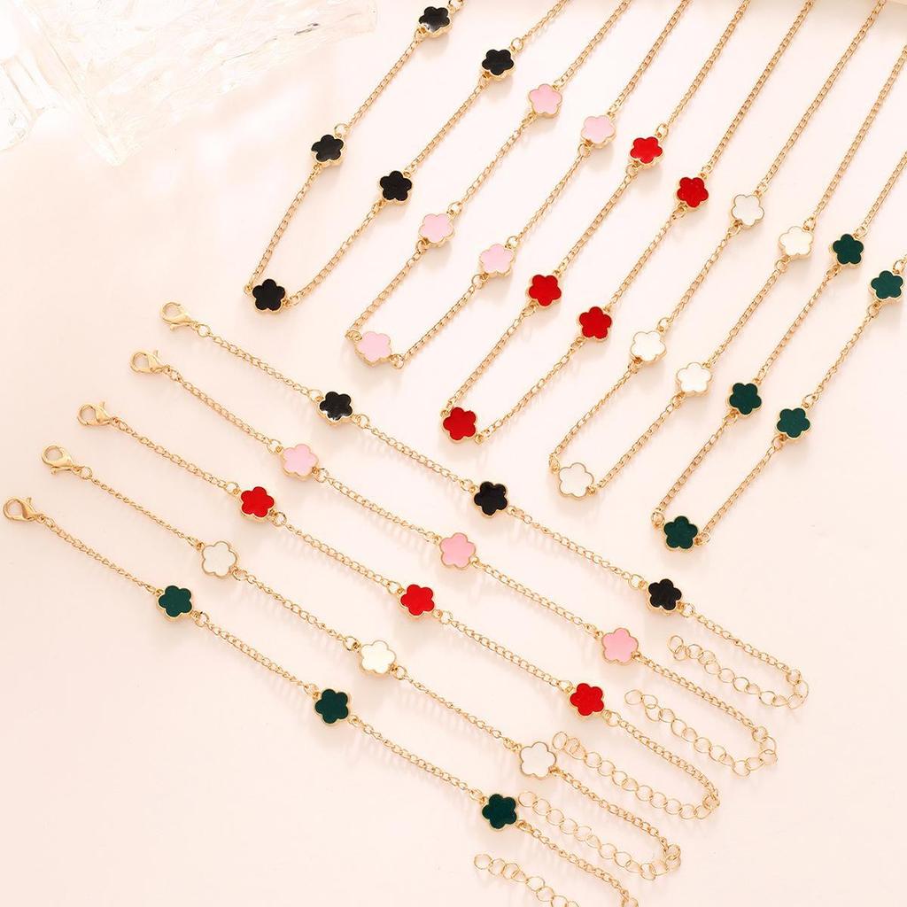 Lucky Five-Petal Flower & Clover Jewelry Necklace and Bracelet Set