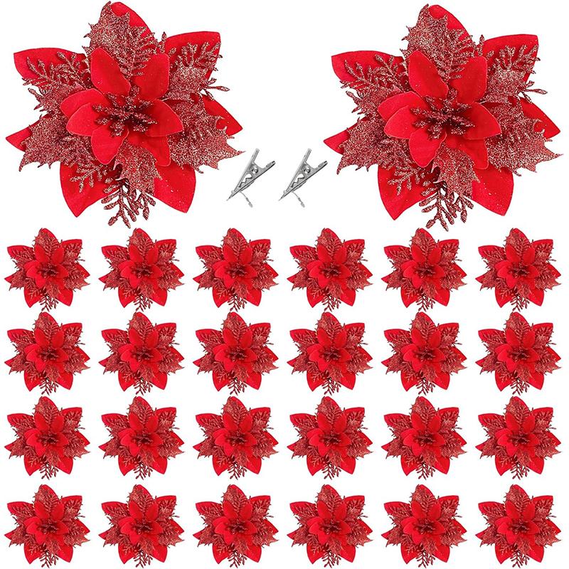 2/5Pcs 14cm Glitter Artifical Christmas Flowers Mreey Christmas Tree Decor Happy New Year Ornaments Xmas Fake Flowers Natal