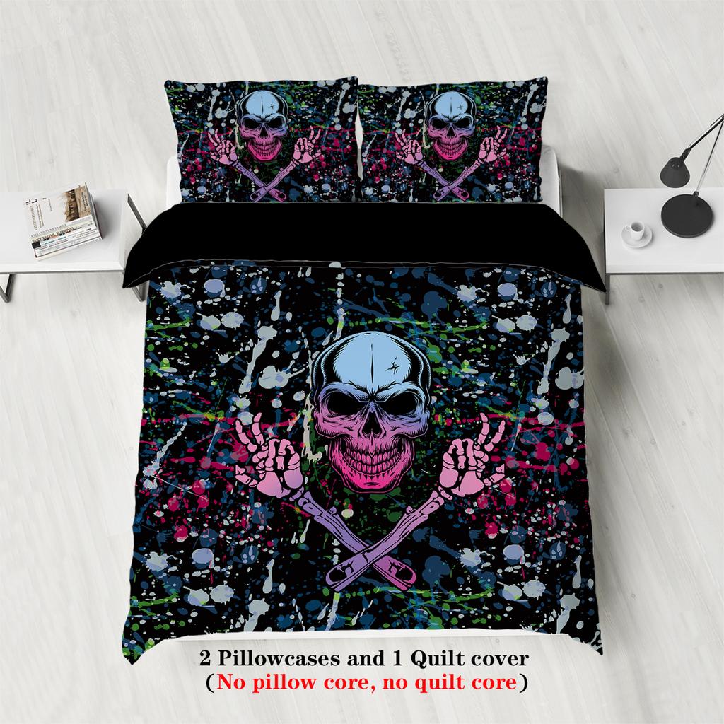 3-piece set, skull gestures pattern printed duvet set, queen, king, double bed, party  funny and creative bedding set