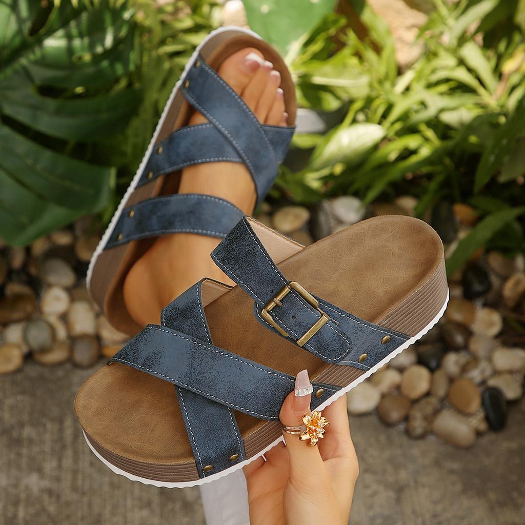 Wedge Sandals for Women Slip On Slides Cork Platform Heeled Sandal Comfort Summer Beach Shoes Women's Open Toe Thick Sole Sandals Casual Dressy Slides