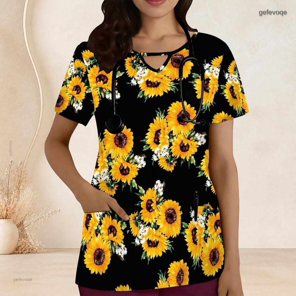 Women Plus Size Keyhole Neck Short Sleeve USA Flag Printed Nurse Scrub Top With Front Pockets