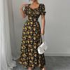 Ruffle Edge Dress Women Puff Sleeves Printed Slim Fit Spring Summer Size S-XXL