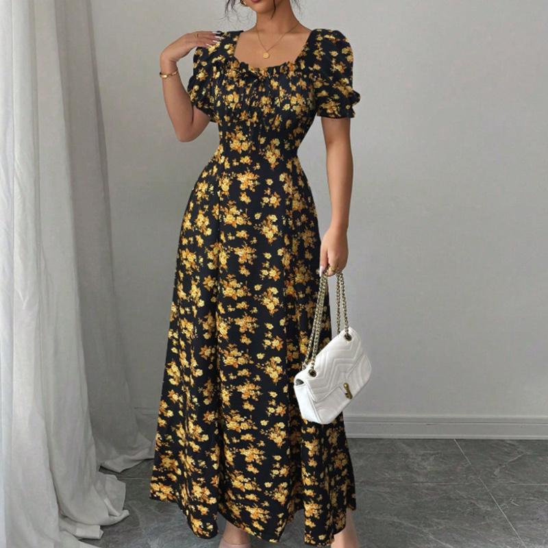 Ruffle Edge Dress Women Puff Sleeves Printed Slim Fit Spring Summer Size S-XXL