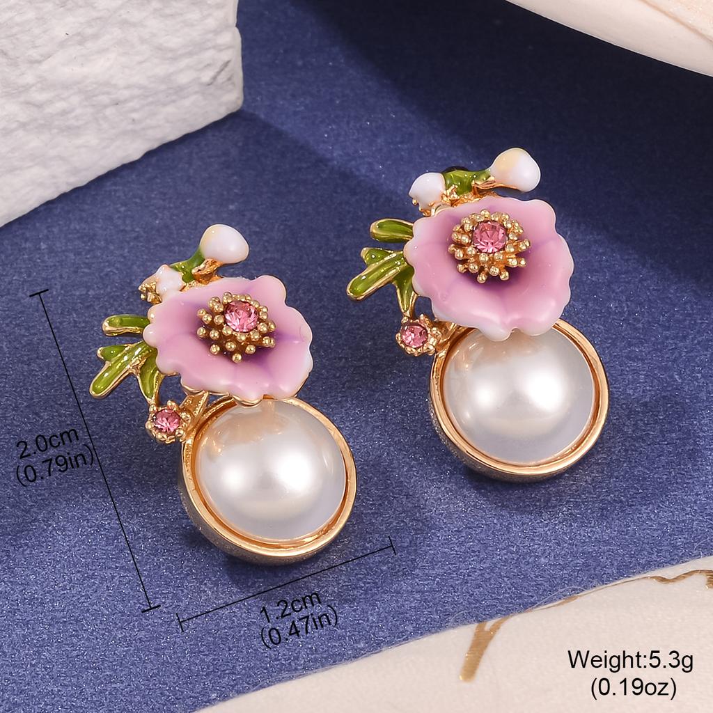 Aesthetic French Retro Enamel Flower Stud Earrings Monet Garden Oil Painting Antique Pearl Oil Dripping Silver Needle Earrings Women