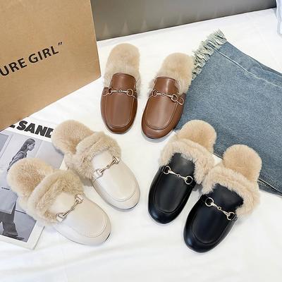 Fashion Women's Slippers Winter Fashion Plush Warm Baotou Cotton Slippers Metal Decoration Comfortable Women's Shoes Pantuflas De Mujer