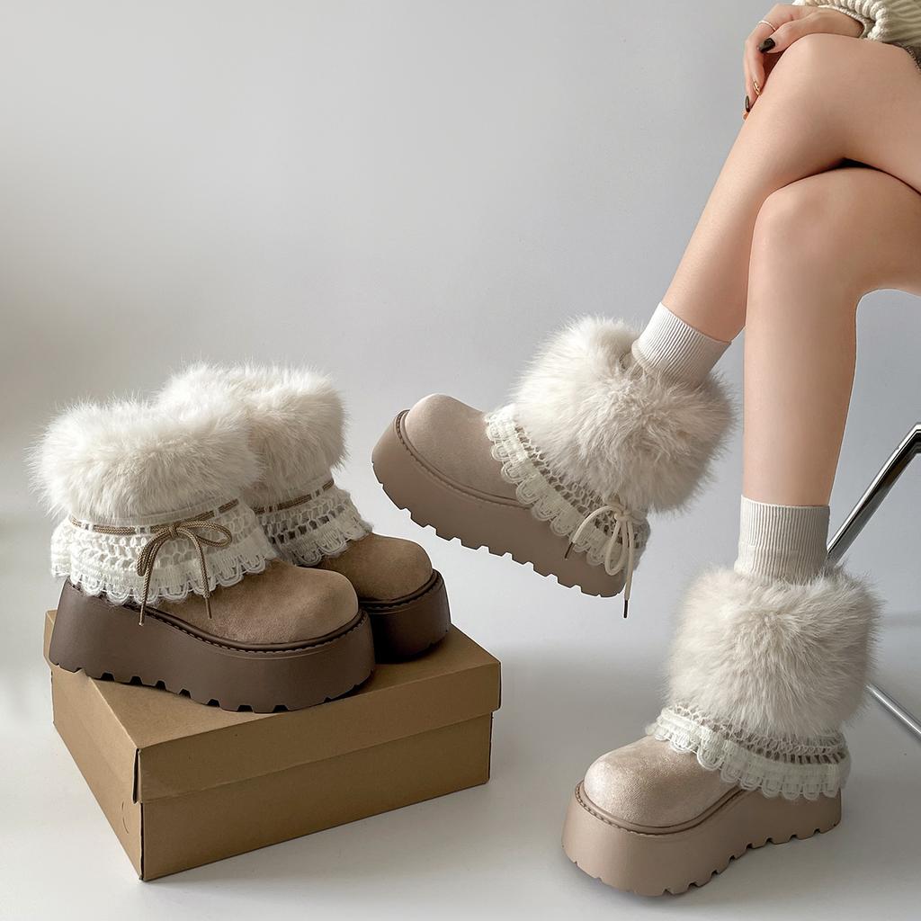 Women's Thick Sole Fuzzy Snow Boots, Lace Decor Autumn Winter Warm Cross-Border Sweet Short Boots