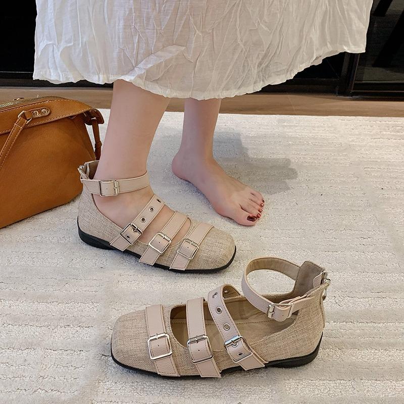 Fashion Fashion Single Shoes Autumn New Square Toe Shallow Rivet Belt Buckle Non-slip Wear-resistant One-band Low-top Shoes