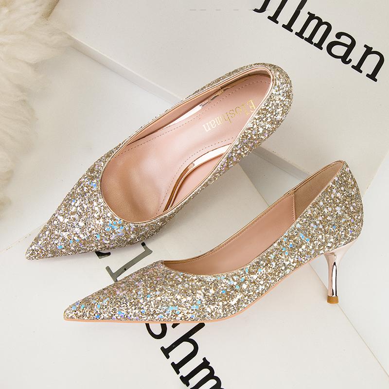 Fashion Sequins Kitten Heels Fashion Woman Pumps Pointed Toe Heeled Shoes Stiletto Heels 2024 New Heeled Shoes Sliver Gold Wedding Shoes