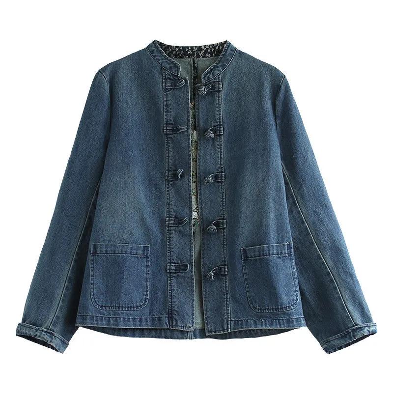 Denim Jacket Women's Retro Large Size Ethnic Style Disc Buckle Outer Wear Casual Denim Jacket