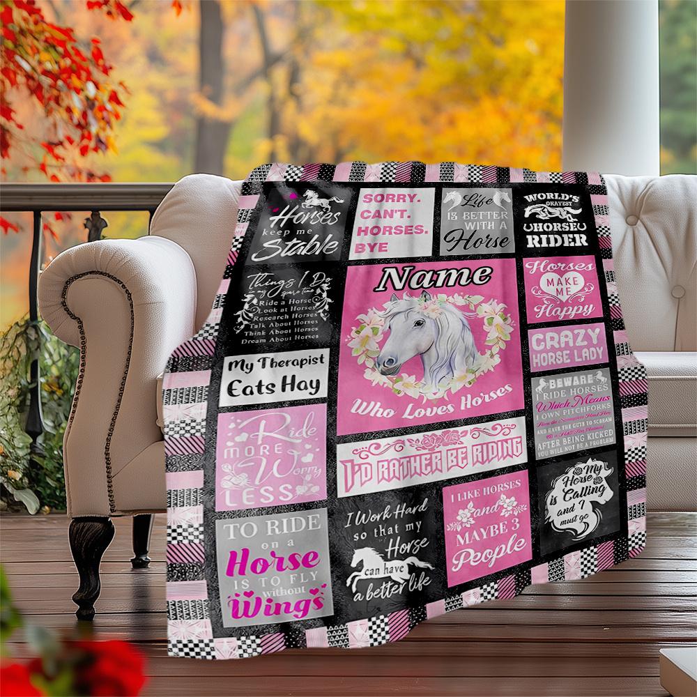 Horse Love Happiness Lifestyle Quotes Collection Personalized Outdoor Blanket Customize Your Name Ultrasoft Suitable For Picnics Outdoor Travel And