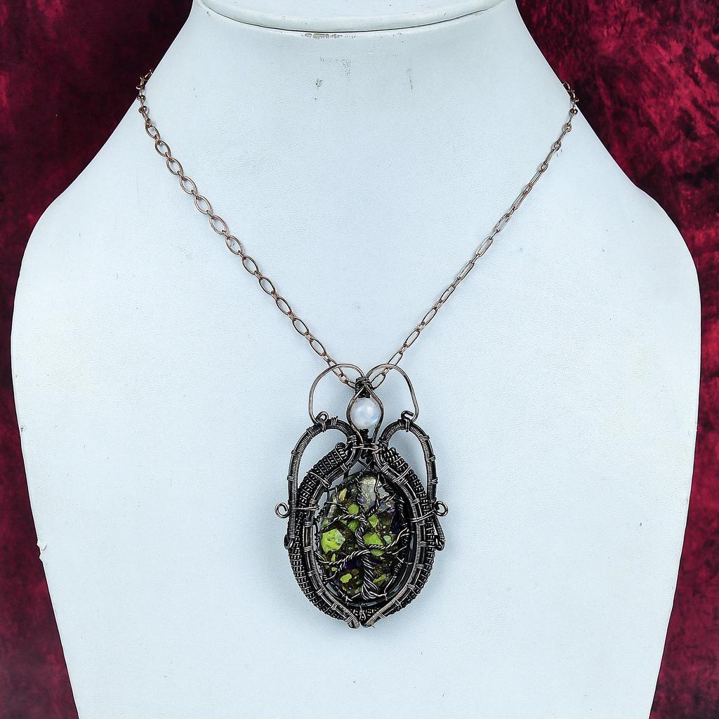 Tree Of Life Copper Stichtite Pendant Copper Wire Wrapped Pendant Rainbow Moonstone Jewelry
