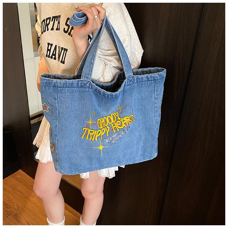 New Japanese Style Denim Tote Bag for Women Large Capacity School Commute Shoulder Handbag Casual Denim Purse