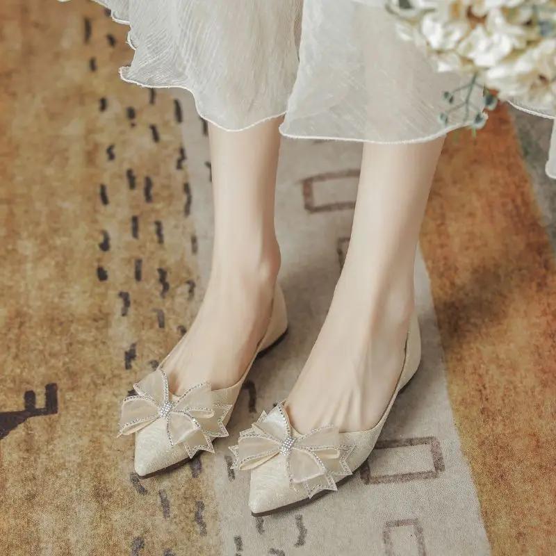 Fashion French Style Elegant Party Woman Flats With Bow Slip-on Pointed Toe Lastest Summer 2025 Quick Delivery Shoe Non Shoes for Women