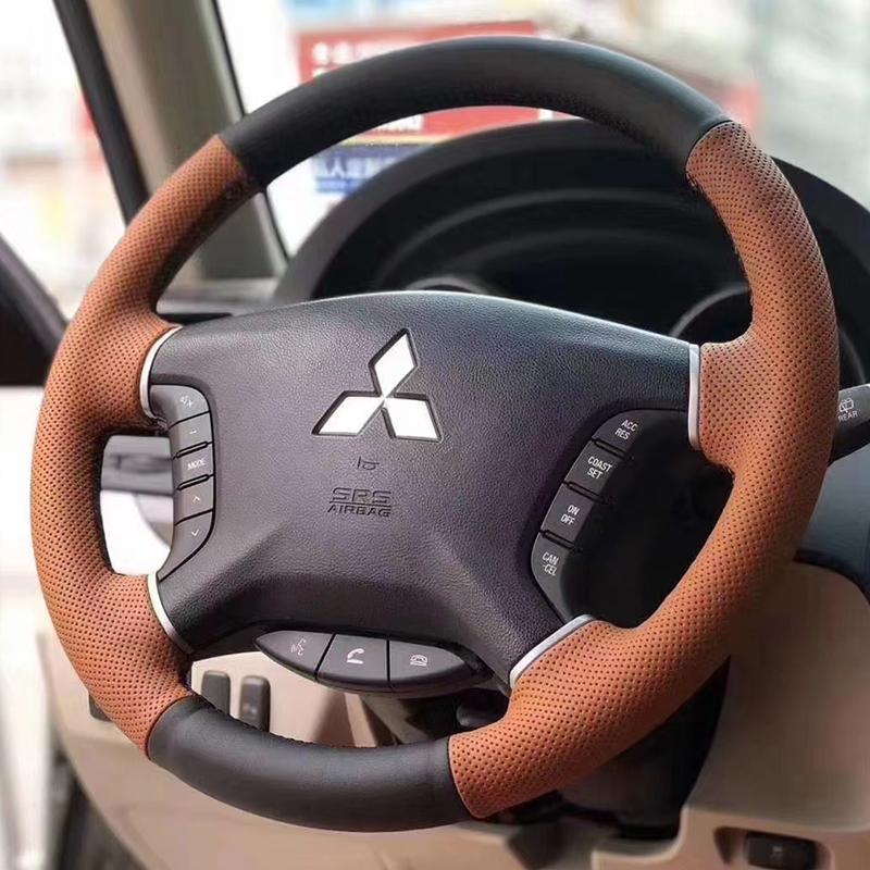 Für Mitsubishi Pajero 2007-2014 Galant 2008-2012 Handgenähtes Schwarzes Leder Pfirsichholzmaserung Auto Lenkradabdeckung