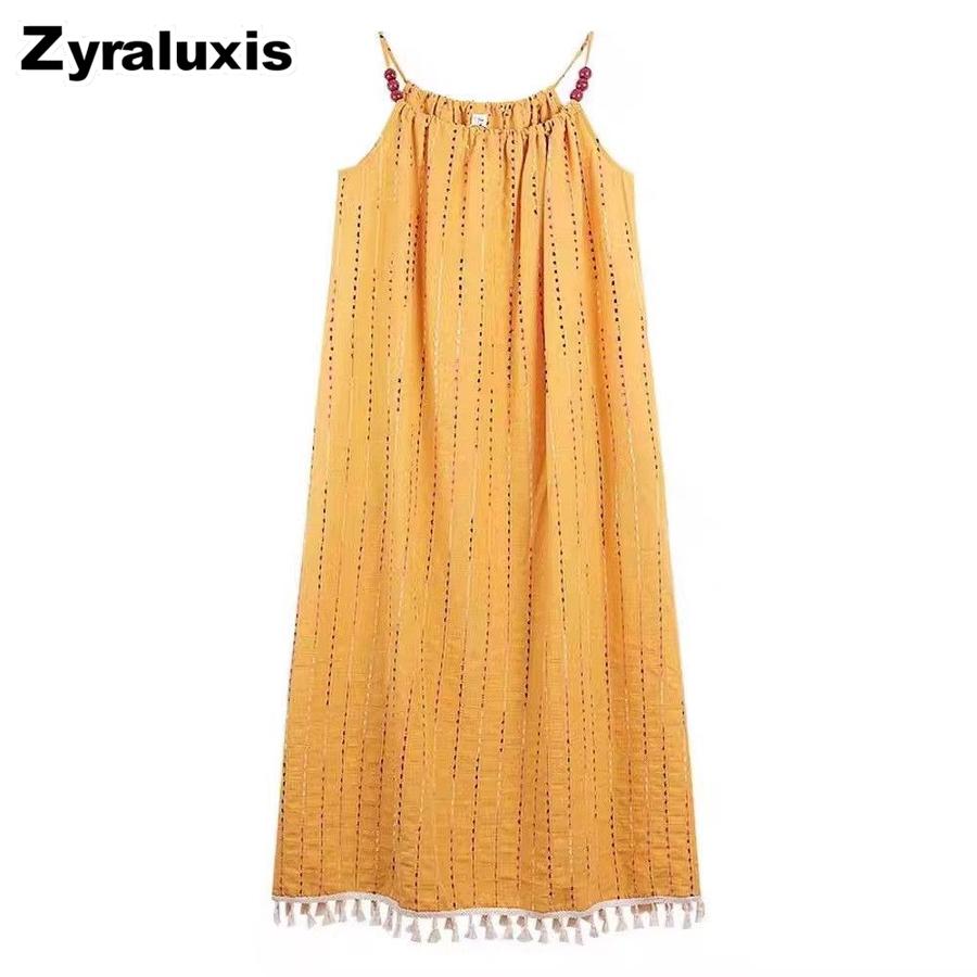 Beach Striped Yellow Tie-Dye Vest Dress Women Summer Island Vacation Maxi Loose Bohemian Dress S жёлтый