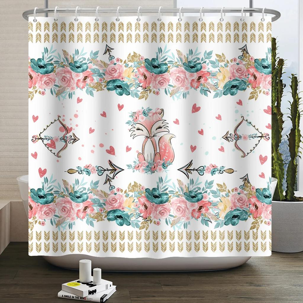 Forest Animals Shower Curtain jungle Trees Plant Wildlife Bird Bear Elk Fox Deer Modern Minimalist Kids Bathroom Shower Curtain