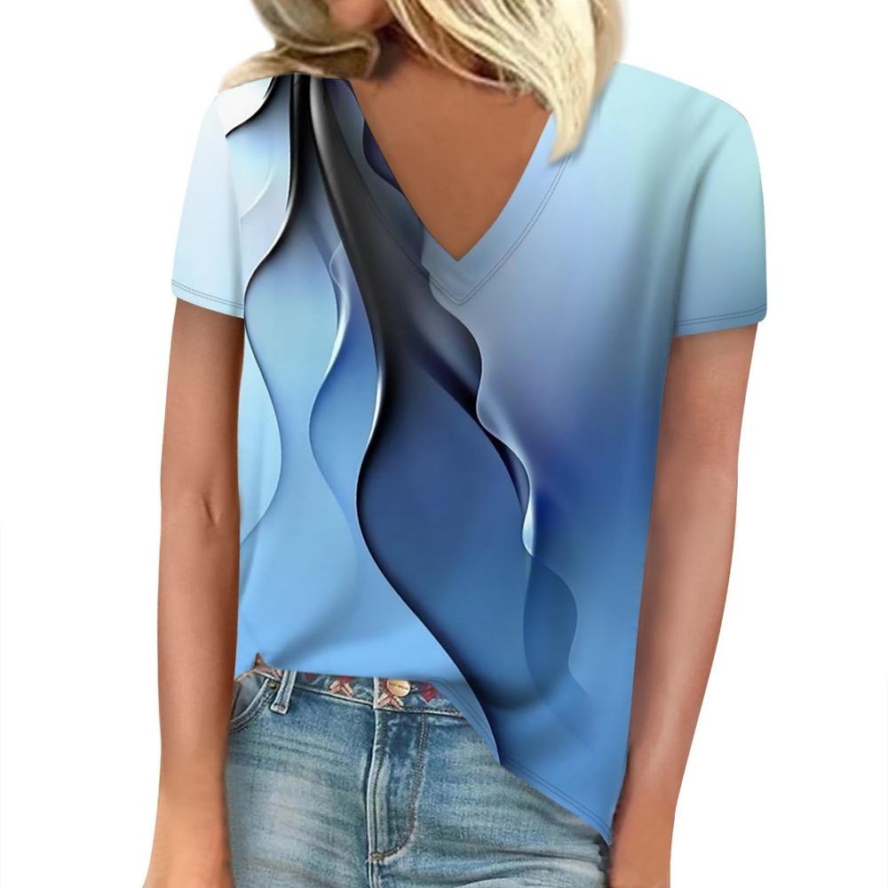 T-shirt women's summer leisure elegant v-neck short sleeves gradient texture pattern top loose casual wear ladies T-shirt