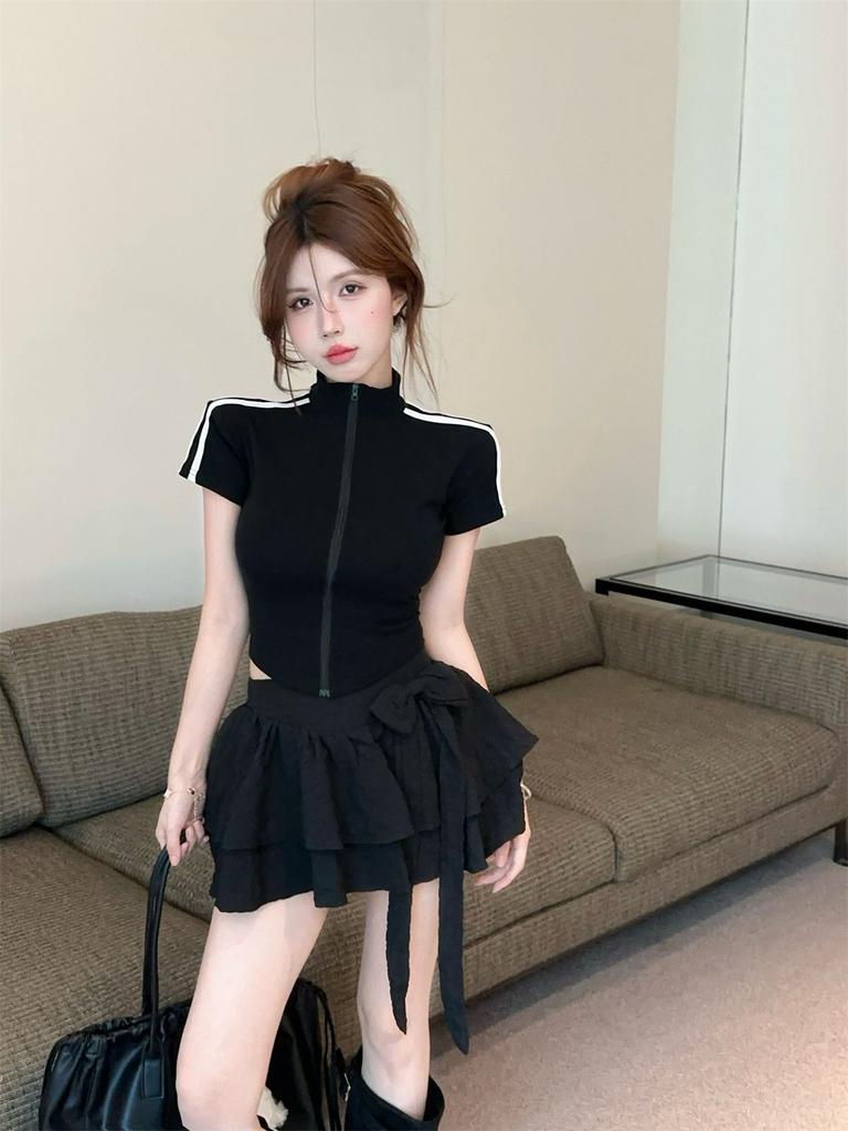 New summer pure desire spice girl zipper stand-up collar slim short versatile casual short-sleeved t-shirt women's top