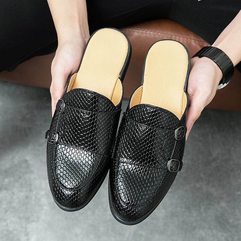 Black Half Shoes for Men Glossy Mules Slippers Leather Shoes Casual Shoes Men Fashion Social Masculino Mocassin Homme Chaussure