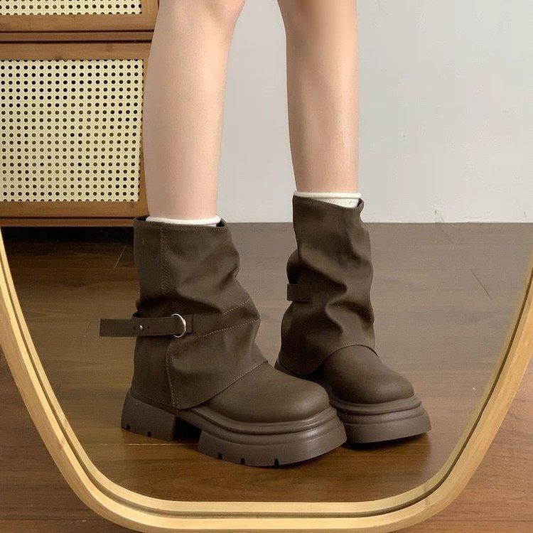 British Style Short Boots 2025 Autumn and Winter New Retro Heightening Martin Boots Women's Fashion Round Trouser Boots