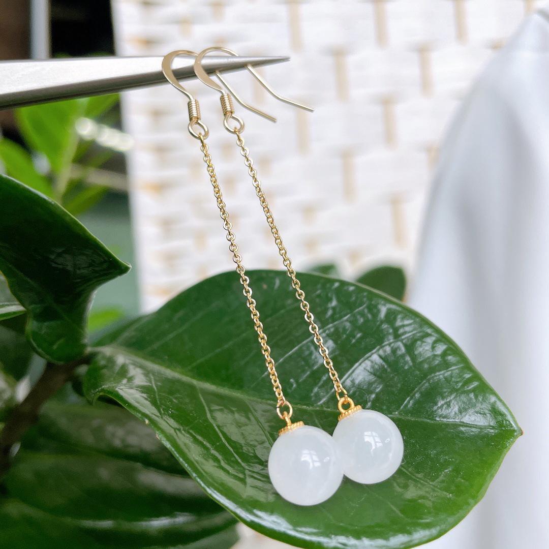 14k Gold Plated Natural Hetian Mutton Fat Jade Long Earrings with Ear Hooks