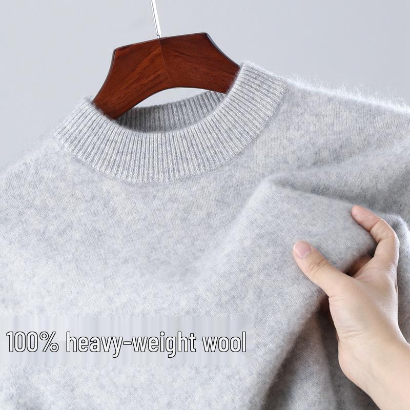 Men's 100% Wool Round Neck Loose Casual Sweater - Thickened Long Sleeve Knitwear