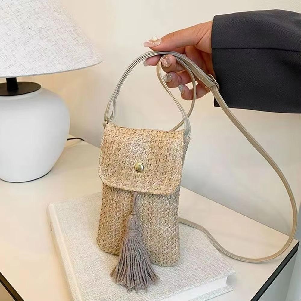 Weaving Woman Phone Pouch Elegant Woven Beach Bag Leisure Straw Woven Handbag Female