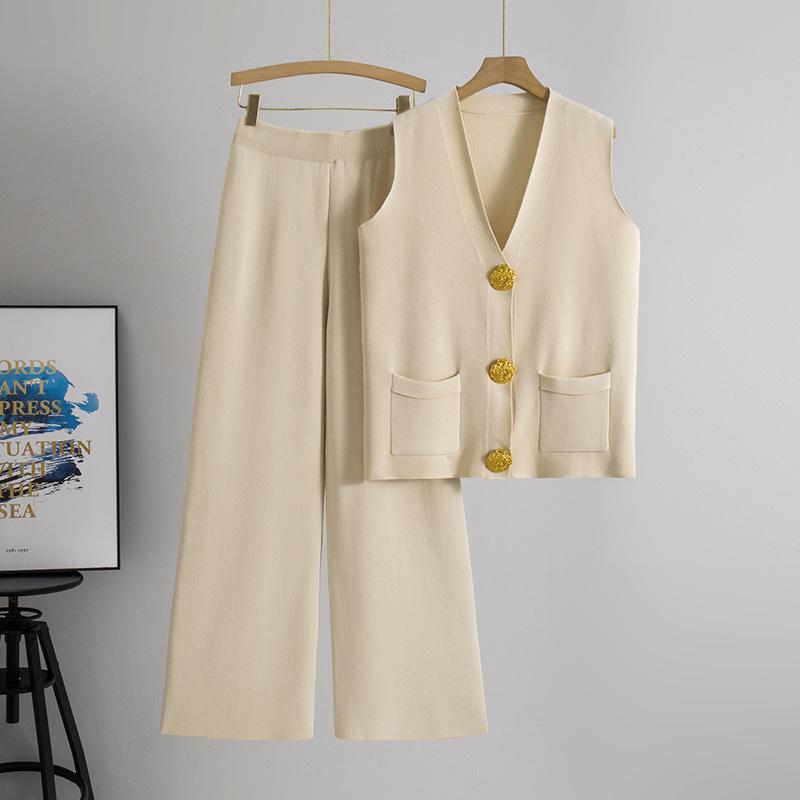 2025 Letní Móda Dvoudílný Pletený Vesta na Knoflíky & Sada Dlouhých Kalhot