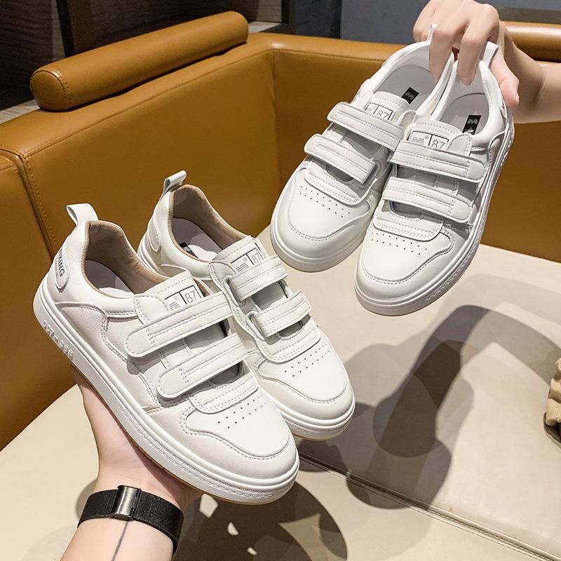 Leather Velcro Sneakers Women's  Spring New Student Casual All-match Flat White Shoes