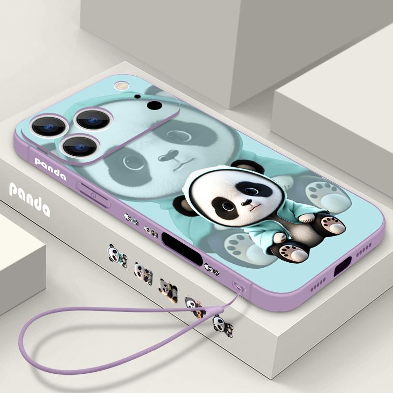 Blauer Mantel Panda Muster Lanyard Hülle Für iPhone 17 Pro Max Weiche Silikonhülle Für iPhone 16 Pro Max Funda iPhone 15 14 13 12 11 16E Air