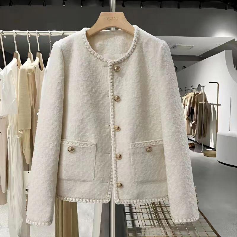 Französische kleine duftende temperamentvolle Berühmtheit Tweedjacke Damen Herbst und Winter Neu Koreanische Version Beige Vielseitiges Oberteil Damenbekleidung