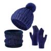 3Pcs/Set Winter Knitted Scarf Gloves Set Pom Pom Ball Fleece Lining Brimless Hat Touchscreen Gloves Neck Warmer Set