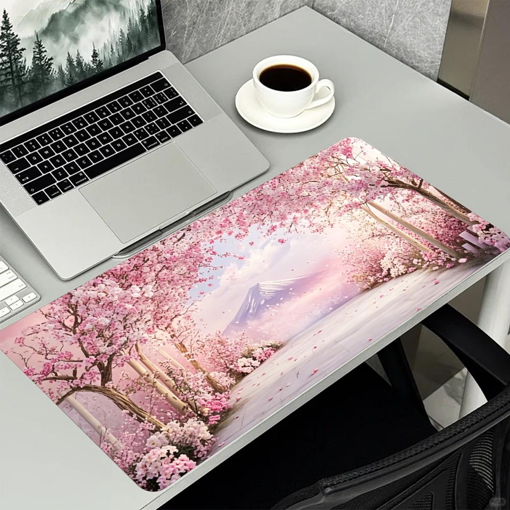 Dreamy Pink Sakura Mount Scenery Art Large Extended Mouse Pad NonSlip Rubber Base With Stitched Edges For Gaming And Office Use
