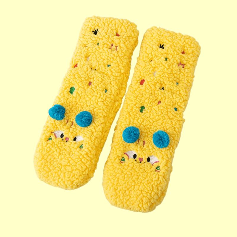 1 Pair Women'S Cute Cartoon Pom Pom Plush Socks, Ultra-Soft Lamb Thick Warm Home Socks, Winter Comfortable Non-Slip Floor Sleeping Socks