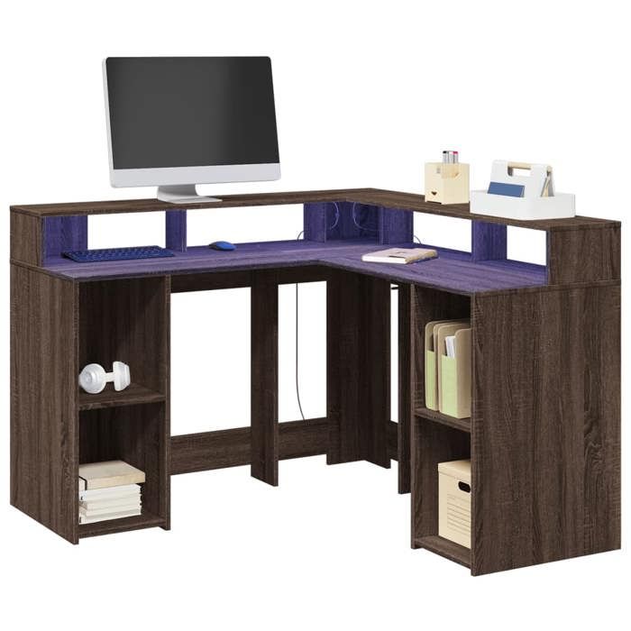 VidaXL Bureau et lumières LED chêne marron bois d'ingénierie, bureau d'ordinateur, bureau d'écriture, meuble de bureau à 3309453