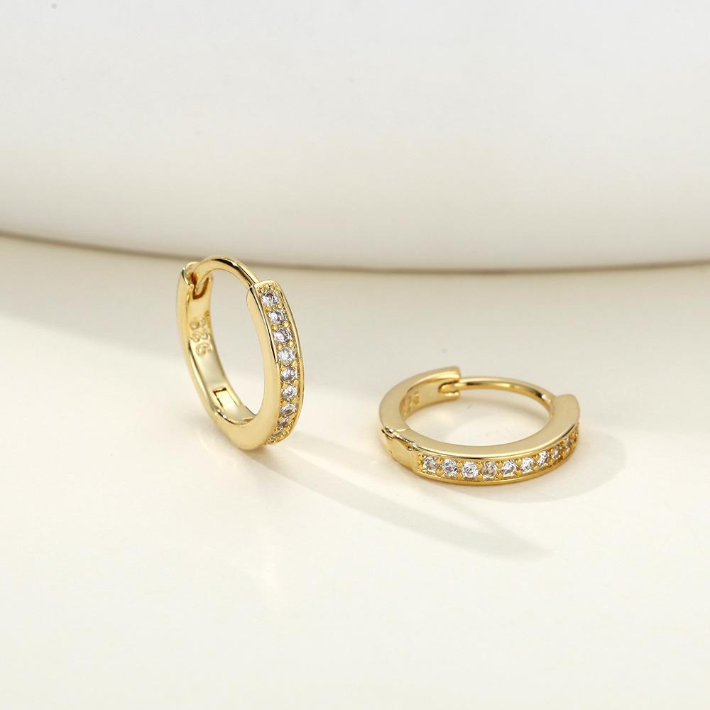14K Gold Single Row Diamond Earrings for Women with Circle Ear Clips and Buckles - Light Luxury, High-End Design