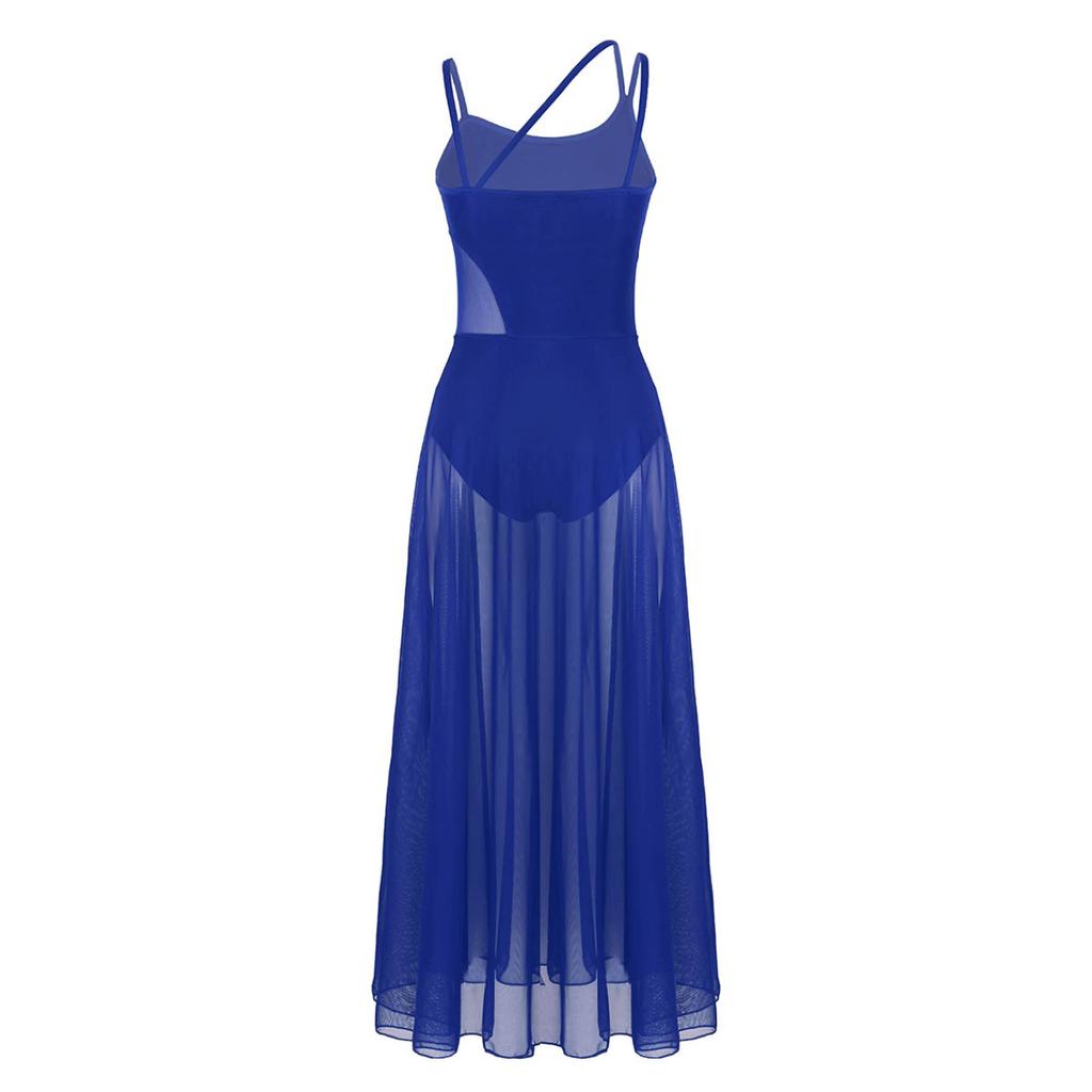 Dance Costume Practice Wear Mesh Splice Asymmetrical Mesh Maxi Dance Dress with Built-In Leotard