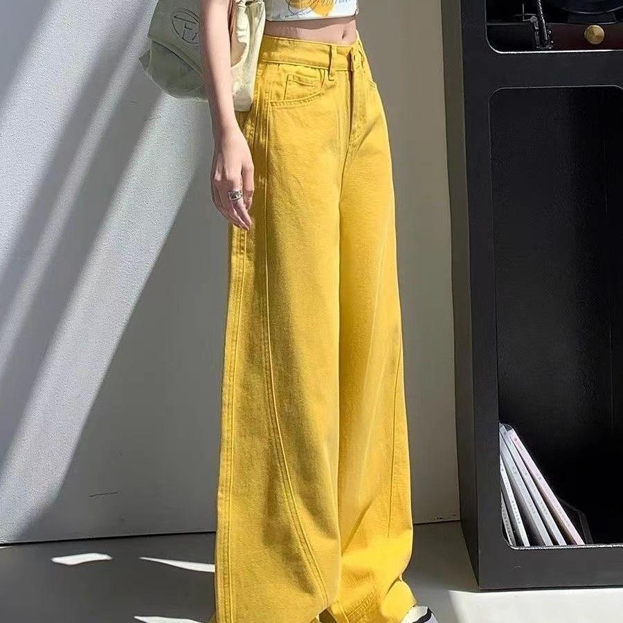 High Street Women's High-Waisted Yellow Wide-Leg Jeans - 2026 Summer Casual Hip-Covering Scythe Pants