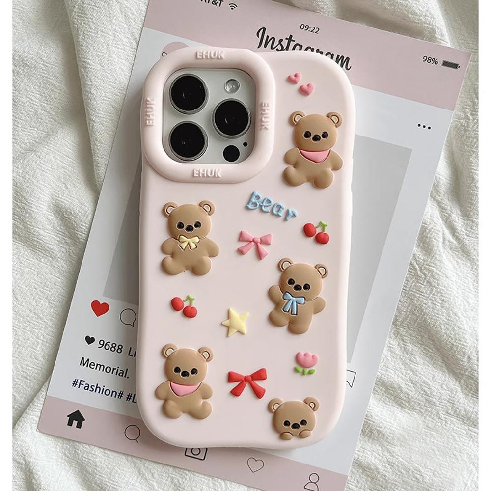Cute 3D Bear Bowknot Silicone Phone Case for IPhone 13 14 15 16 Pro Max Kawaii 15Plus 14plus 14pro 15pro Cartoon Back Cover Case