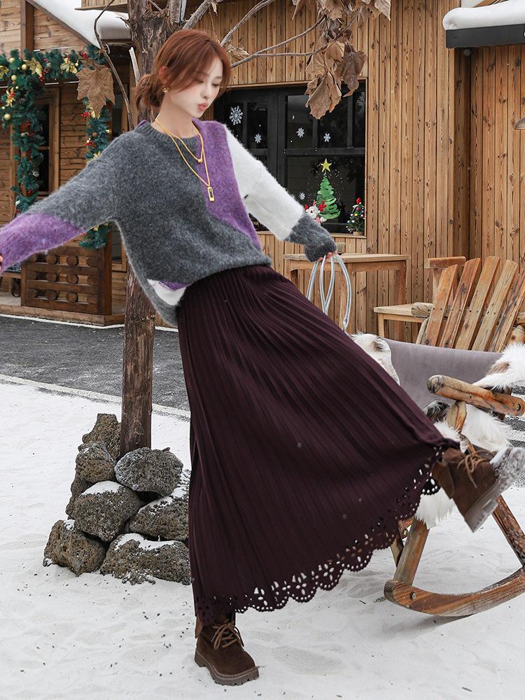 Fei Yuan Elegant Pleated Wool Plaid Skirt - Women's Autumn/Winter Midi in Versatile Solid Color