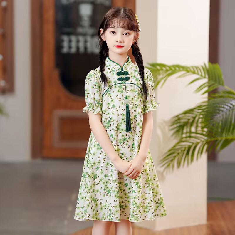 Girls' Summer Floral Cheongsam Princess Dress - Chinese Hanfu Style