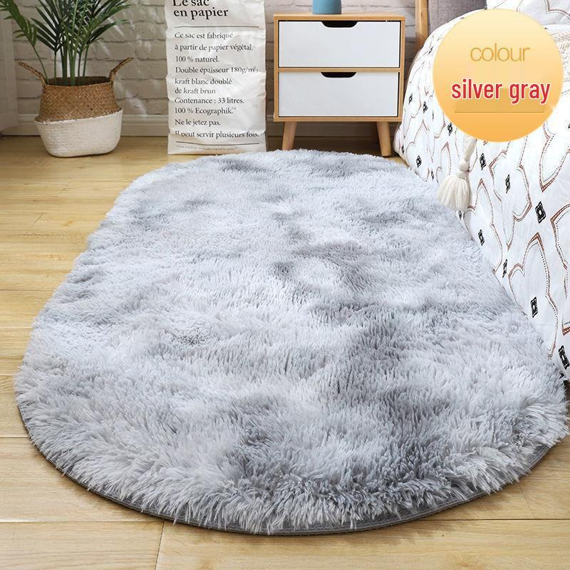 Ins Tie-Dye Oval Silk Wool Rug: Long Pile Carpet for Living Room, Bedroom, Bedside, Cloakroom, Decorative Floor Mat