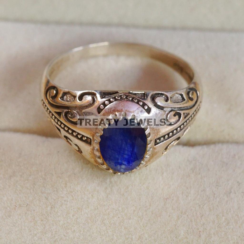 Blue Sapphire Oval Cut Gemstone With 925 Sterling Silver Ring For Men's #B581 JL375686463723