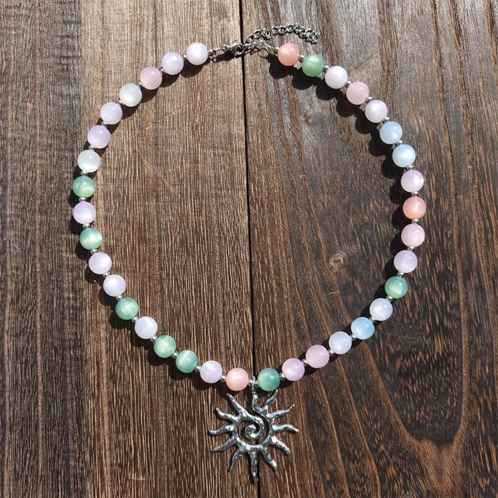 Color Changing Sun Pendant Necklace UV Reactive Gold Plated Beaded Bracelet Set Steel Chain Pastel Colors Cat Eye Choker