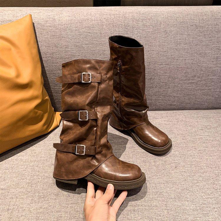 

Нишевая ретро пряжка ремня облегающие брюки ботинки толстый каблук средней высоты рыцарские ботинки-чулки 2025 новые ботинки Мартин 40 коричневый