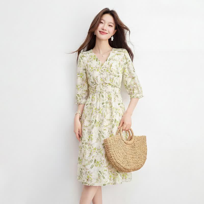 Srcr 92% Mulberry Silk French Chic Printed V-Neck Dress