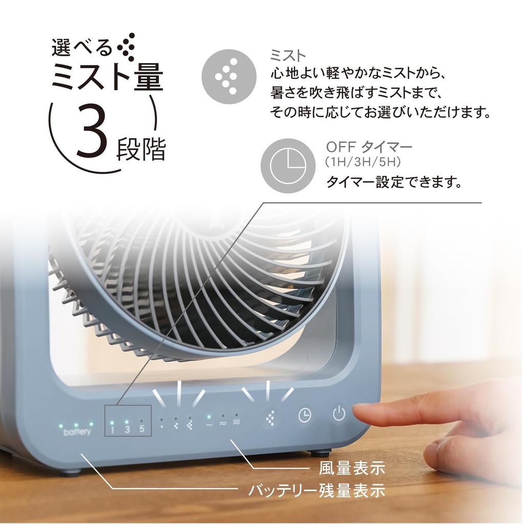 [New Model 2025] Topland Cordless Mist Fan, Rechargeable, Waterproof, IPX5, Includes AC Adapter, Blue-Gray, SF-DFM10BG