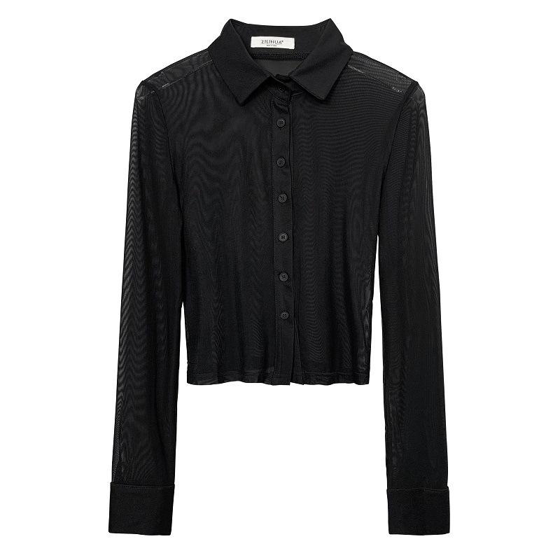 Korean Slimming See-through Mesh Long Sleeve Top for Women